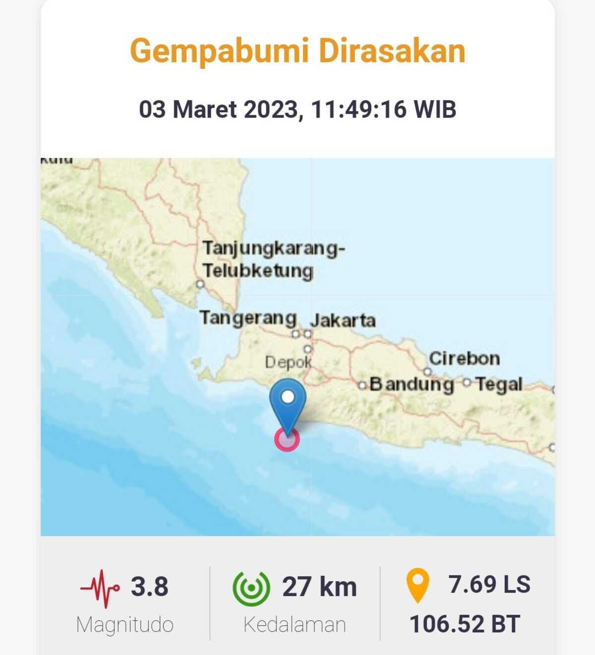 Gempa 3,8 M Guncang Kabupaten Sukabumi Sekitarnya