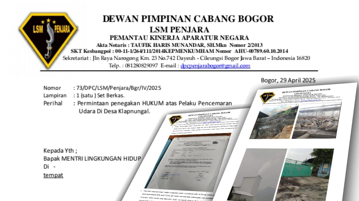 LSM Penjara Layangkan Surat ke Menteri Lingkungan Hidup, Minta Sidak Pembakaran Ban di Klapanunggal Bogor