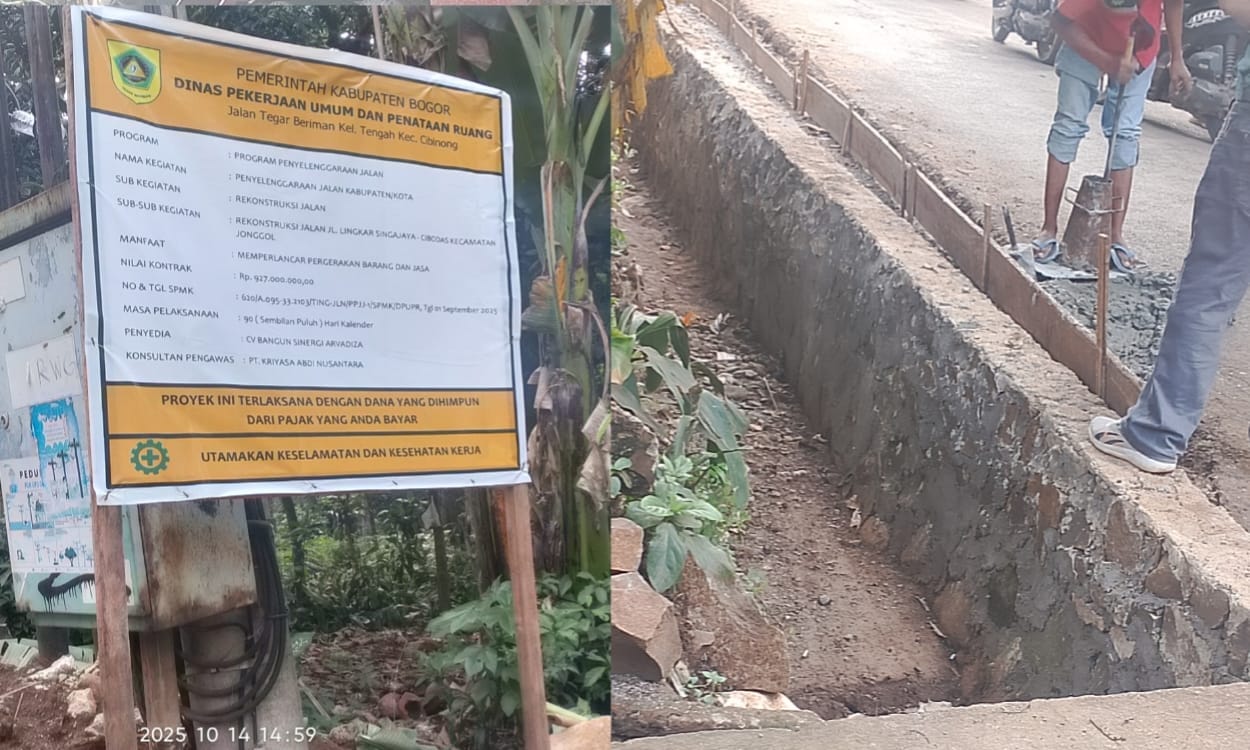 Diduga Pekerjaan Rekontruksi Jalan Kabupaten di Kecamatan Jonggol Gunakan Material Batu Bekas