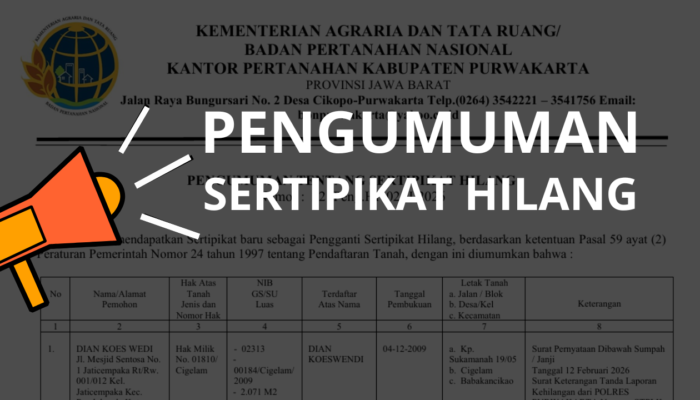 PENGUMUMAN SERTIPIKAT HILANG