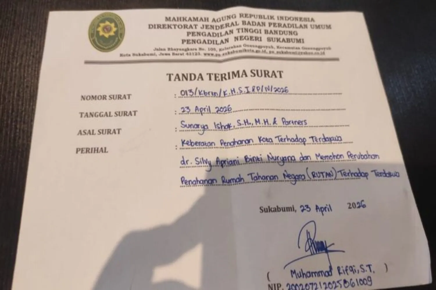 Kuasa Hukum Korban Layangkan Surat Keberatan ke PN Kota Sukabumi Terkait Status Tahanan Kota Oknum Dokter Silvi Apriani