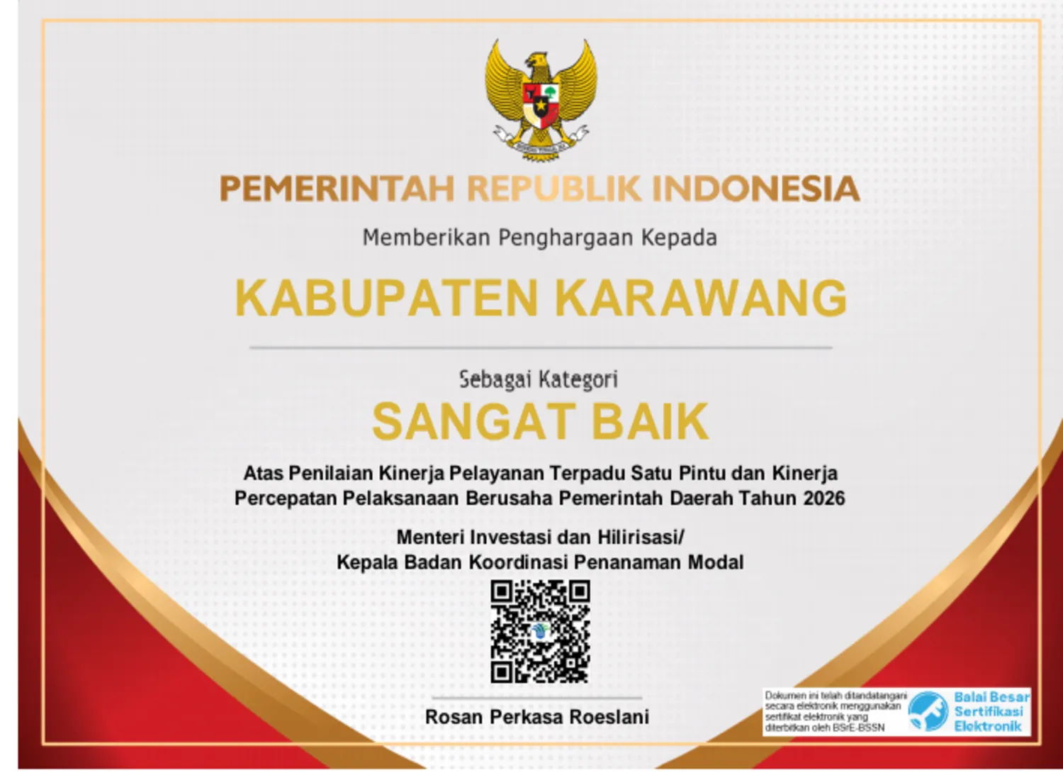 Kabupaten Karawang Raih Predikat Sangat Baik, Investasi Tembus Rp20,43 Triliun